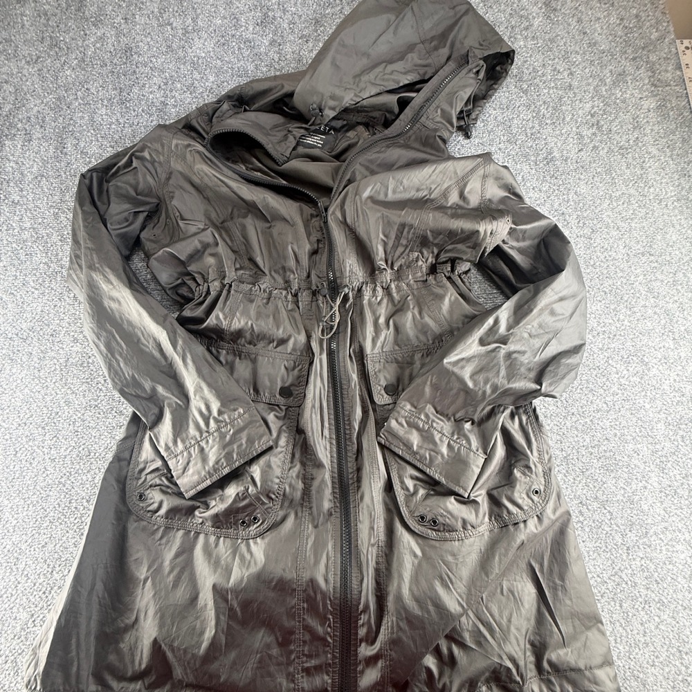 Athleta Womens Gray Hooded Windbreaker Parka Jacket Adjustable Waist Size M